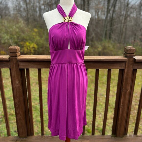 Trina Turk Women's Miramar Deep V A-Line Dress Gold Medallion Magenta Size 6 NWT - Picture 2 of 10